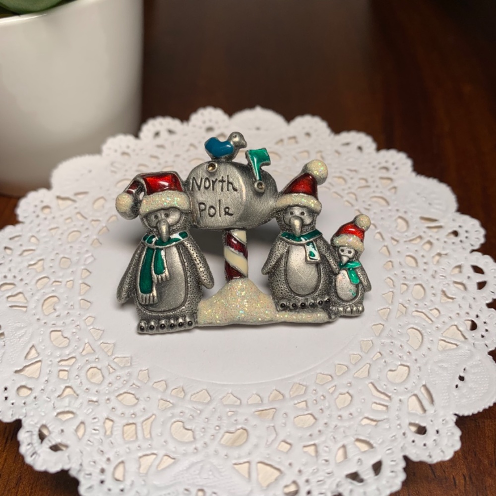 Whimsical Kenneth Cole Penguin Mailbox Holiday Brooch Pin - Picture 3 of 7